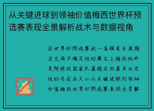 从关键进球到领袖价值梅西世界杯预选赛表现全景解析战术与数据视角