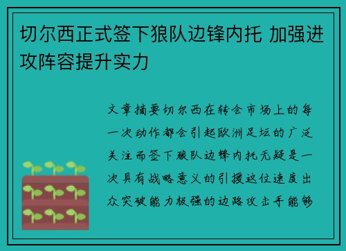 切尔西正式签下狼队边锋内托 加强进攻阵容提升实力